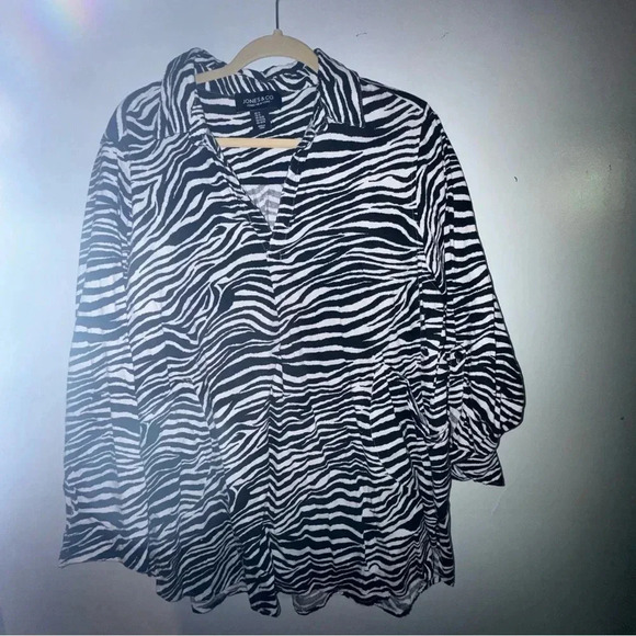Jones NY Womens Medium Button Up 3/4 Sleeve Zebra Print Linen‎ Tunic size 1Xl - Picture 1 of 6